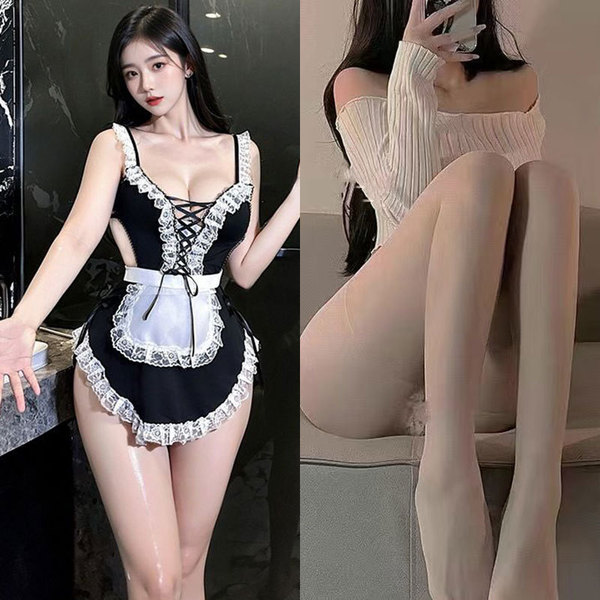 Pure & Seductive Maid Costume - Lace Sexy Role Play Sleep Dress with Detachable Apron & Headband - Sweet and alluring cute maid set (4 pieces) + white open-crotch stockings