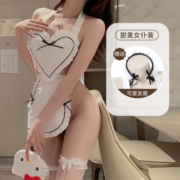 Woman modeling white sweet nurse lingerie set with heart apron, garters, and matching headband. seductive qqny style outfit.
