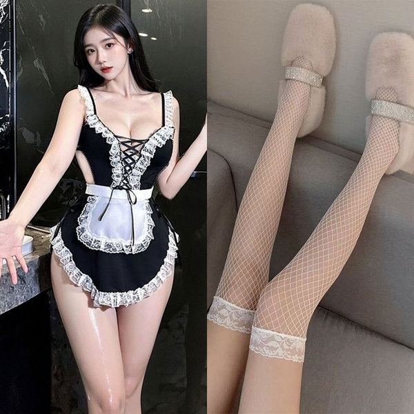 Pure & Seductive Maid Costume - Lace Sexy Role Play Sleep Dress with Detachable Apron & Headband - Sweet and alluring cute maid outfit [four-piece set] + white fishnet stockings