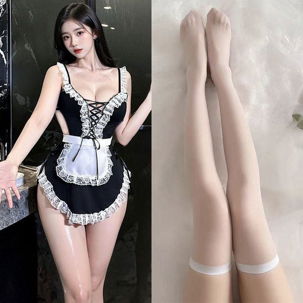 Pure & Seductive Maid Costume - Lace Sexy Role Play Sleep Dress with Detachable Apron & Headband - Sweet and alluring cute maid outfit [four-piece set] + white stockings