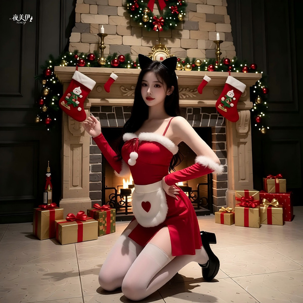Sexy Maid Costume Christmas Outfit - Bunny Girl Cosplay Dress, Kawaii Japanese Princess Lingerie Dress for New Year Part - Sweetheart Red Suit [Slip Dress + Apron + Arm Sleeves + Headband + T-shirt]