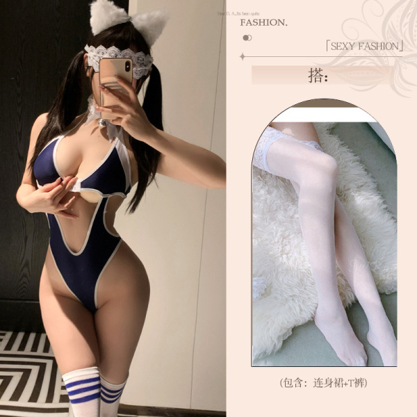 Seductive Women's Lingerie Set - Modest Yet Alluring Uniform Style Sleepwear & Swim-Inspired Naughty Outfit - Swimsuit (one-piece) + lace-trimmed stockings