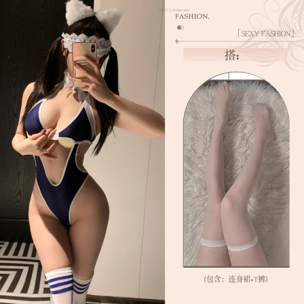 Seductive Women's Lingerie Set - Modest Yet Alluring Uniform Style Sleepwear & Swim-Inspired Naughty Outfit - Swimsuit (one-piece) + ribbed white socks
