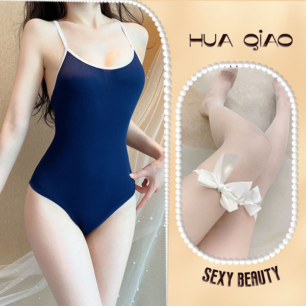 Sheer Lace Bodysuit Swimwear - Lightweight Transparent Tank Top Bikini Set for Women, Sexy Sleepwear & Lingerie - swimsuit + white bow-tie socks