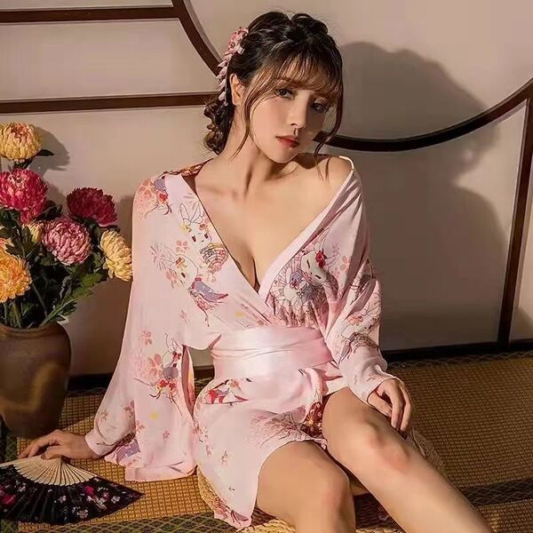 Japanese Kimono-Style Sleepwear Set – Sexy Maid Cosplay Pajamas & Robe for Women - Tempting Pink [Kimono + Obeisise + T-shirt] A