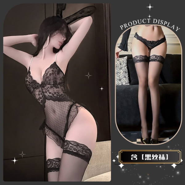 Seasonal Seductive Lace Bodysuit for Women - Sheer Mesh Strap Thong Bodysuit with Pearl Chain Detail - Black + 8001 black stockings + T19 black