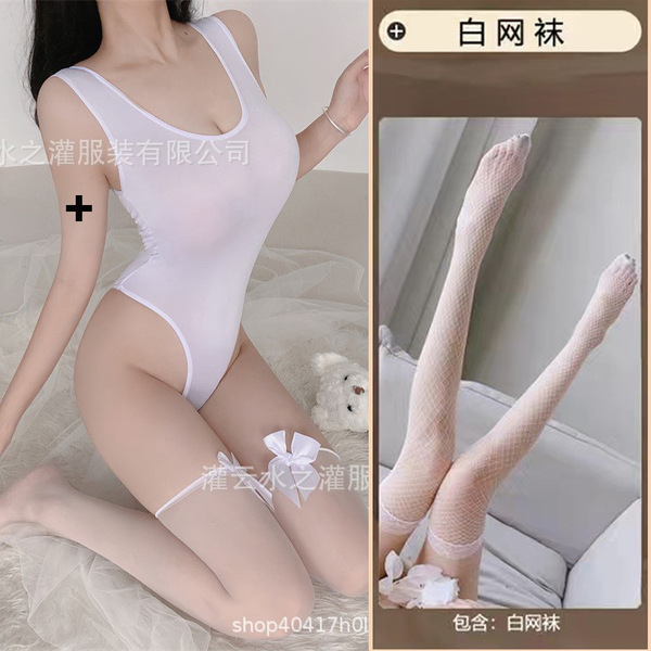 Japanese Schoolgirl Sexy Bodysuit for Small Busts - Cute & Alluring Open-Crotch Tight-Fit Lingerie - White [T62 One-Piece Suit + White Mesh]