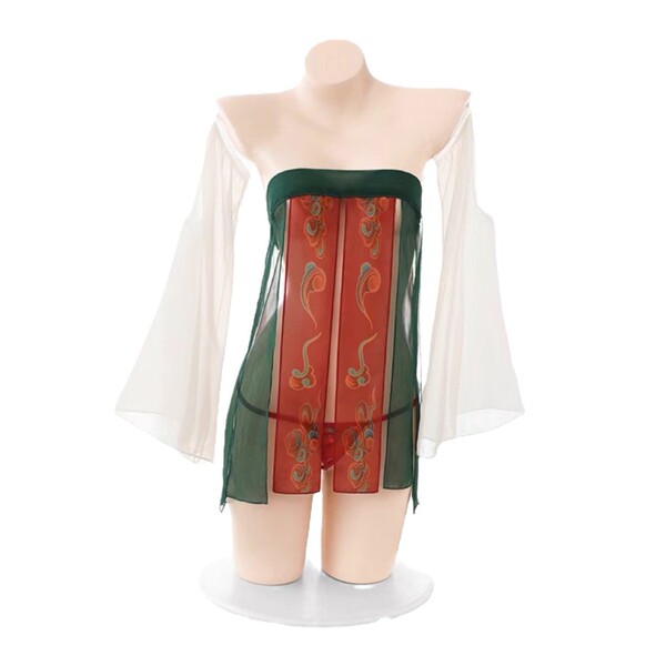 Tang dynasty print bralette dress - plus size hanfu lingerie, sexy backless sleepwear with traditional chinese design