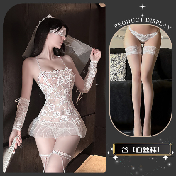 Dreamy Bridal Lingerie Set - Sensual Lace Sheer Mesh Romantic Wedding Underwear for Women - Begonia Tears ~ + White Stockings