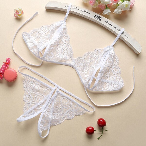 Sexy Maid Costume Lingerie Set -Hollow Sheer Roleplay Uniform for Women, Plus Size & Easy-Wear Design - Three-piece bra - white