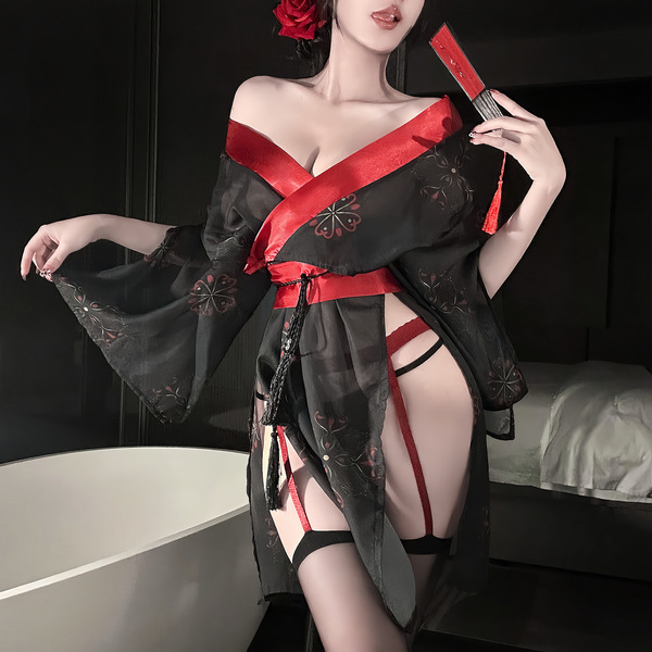 Elegant tokyo sakura lace kimono lingerie set featuring cutout sleeves and waist tie design, perfect for romantic nightwear w...
