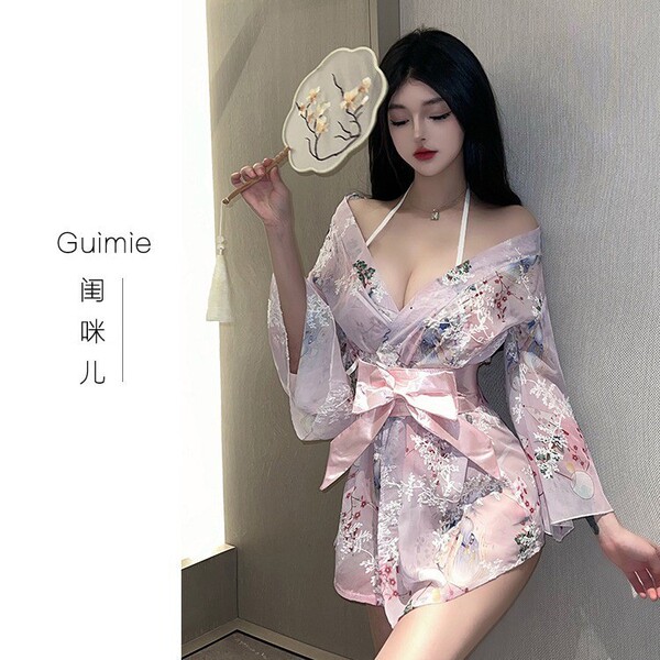 Tokyo shinto maiden kimono robe - sweet bow sexy floral sleepwear, sheer chiffon lingerie robe featuring guimie design with e...