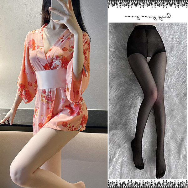 2025 Pure-Yu Lingerie Set – Sheer Japanese-Style Kimono Sleepwear & Uniform Outfit for Women - Uniform set + black open-crotch stockings