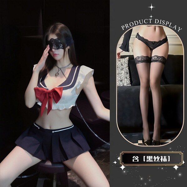 QQNY Pure Allure Sleepwear Set – Elegant Sensual Lingerie for Women, Luxury Bedroom Wear - Uniform + Black Stockings