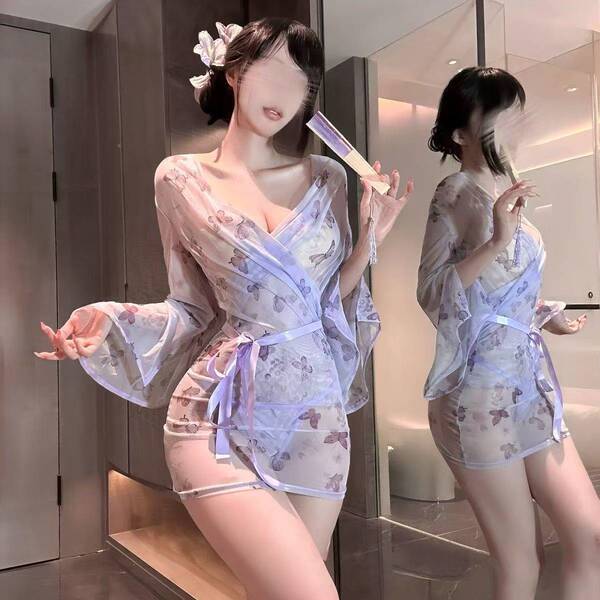 Elegant sheer kimono robe featuring butterfly print, perfect for flirty sleepwear or seductive evening wear.