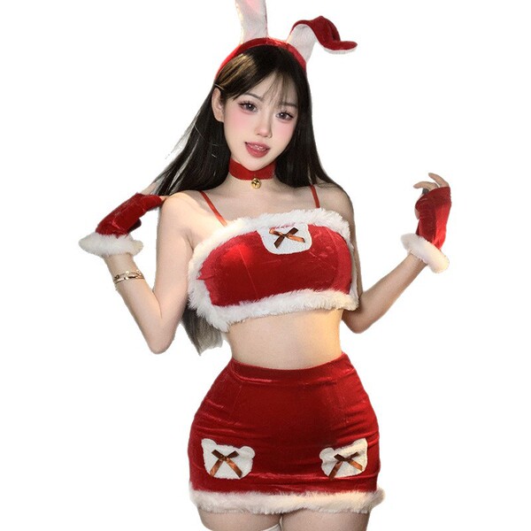 Sexy velvet bunny costume dress with mesh lace detail, perfect for new years eve party.