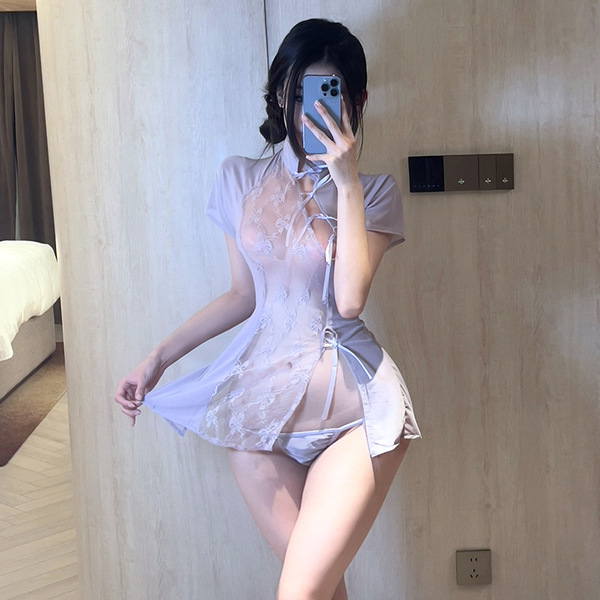 Vintage chinese-style lingerie set - embroidered lace cheongsam mini dress with backless & tied straps