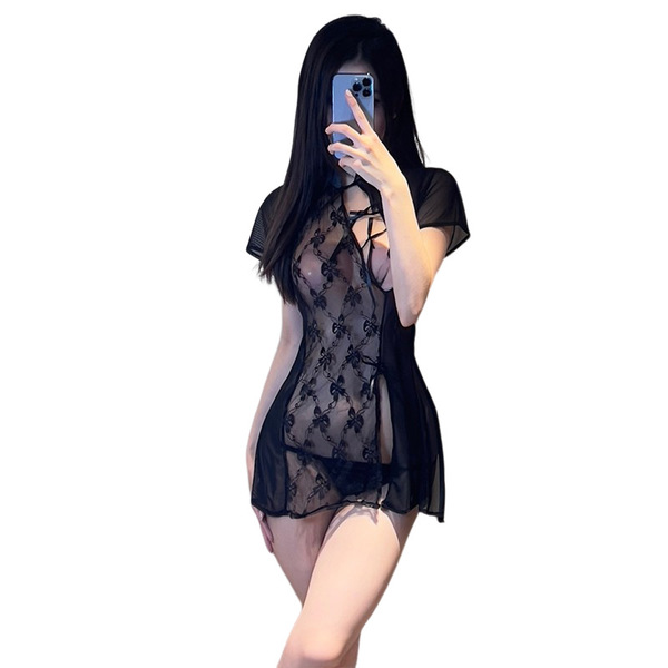 Vintage chinese-style lingerie set - embroidered lace cheongsam mini dress with backless & tied straps