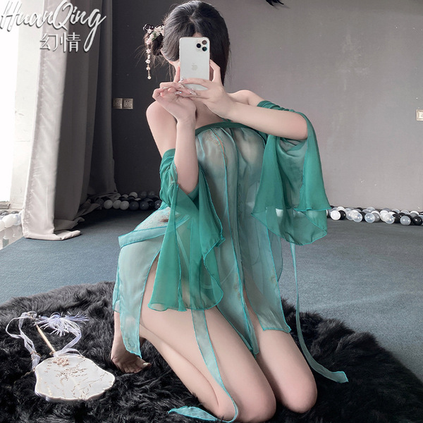 Vintage-inspired sheer silk-chiffon hanfu lingerie set, romantic and chic bedroom outfit, elegant design with flowing sleeves...