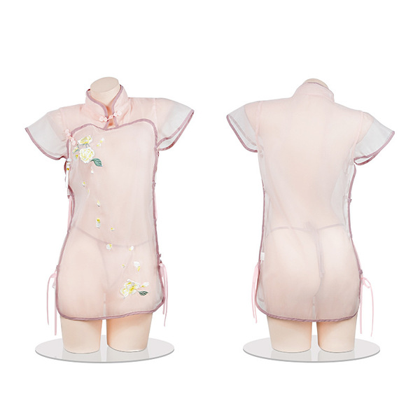 Vintage lace cheongsam set featuring retro high-neck sheer design, floral embroidery, side slit, and tie details.