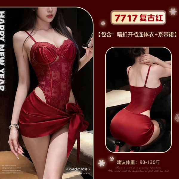 Feimu X Miji New Year Lingerie Set - Seductive Underwire Bodysuit with Open-Crotch Sleepwear - 6942508605520 Retro Red [Hidden Button Open Crotch Jumpsuit + Tie-Waist Skirt]