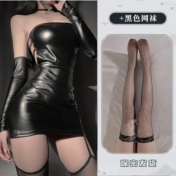 Black Patent Leather Corset Dress - Sexy Bodycon Bandage Dress with Open Back & Sleeve Details for Nightclub & Party - 2292 Black [+W1 Black Stockings]