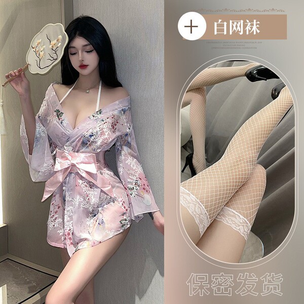 Japanese-Style Sexy Sleepwear Set – Kimono Bathrobe with Bow & Floral Print for Women - Pink floral kimono set + white fishnet stockings W1