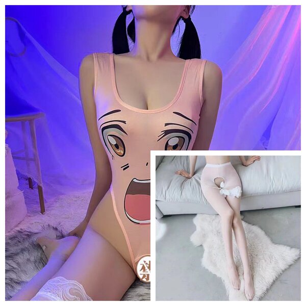 Sexy Lace Lingerie Set with Sheer Stockings & Matching Chemise - Seductive Sleepwear Outfit for Women - Pink big eyes + W112 white open crotch socks