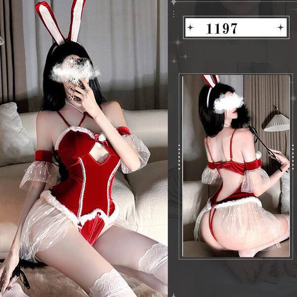 Rabbit Girl Costume Bodysuit - Sexy New Year & Christmas Role Play Lingerie with Open-Crotch Design - w1197 [Onesie + 2 sleeves + headband] + size 4 white socks