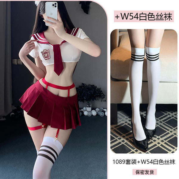 Yiyue Japanese Schoolgirl Lingerie Set - Busty Lace Crop Top & Ruffled Skirt with Peek-a-Boo Backless Design - 1089 set + W54 white stockings