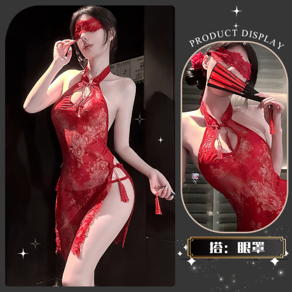 Chao Mu Lace Temptation Lingerie - Elegant Split Cheongsam Style Erotic Underwear for Women - Wanwan Zhishang* Red + Eye Mask