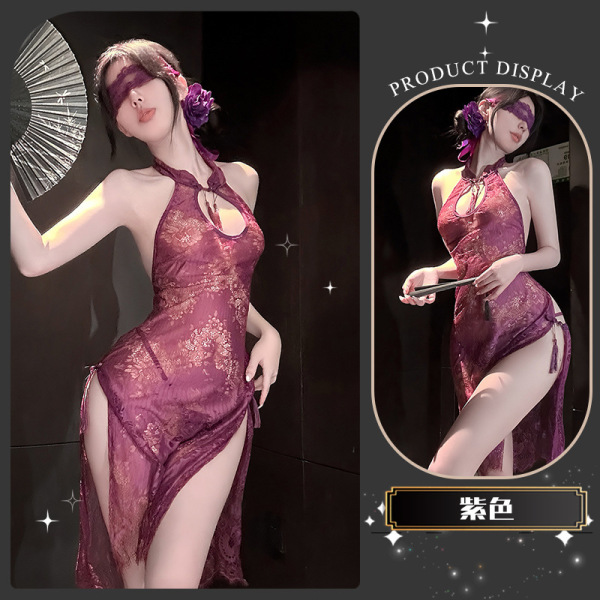 Golden Night Lace Temptation Lingerie - Elegant Split Qipao Style Seductive Underwear for Women - Wanwanzhishang* Purple [Cheongsam + T-shirt]
