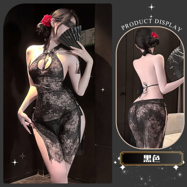 Golden Night Lace Temptation Lingerie - Elegant Split Qipao Style Seductive Underwear for Women - Wanwan's Garment* Black [Cheongsam + T-shirt]