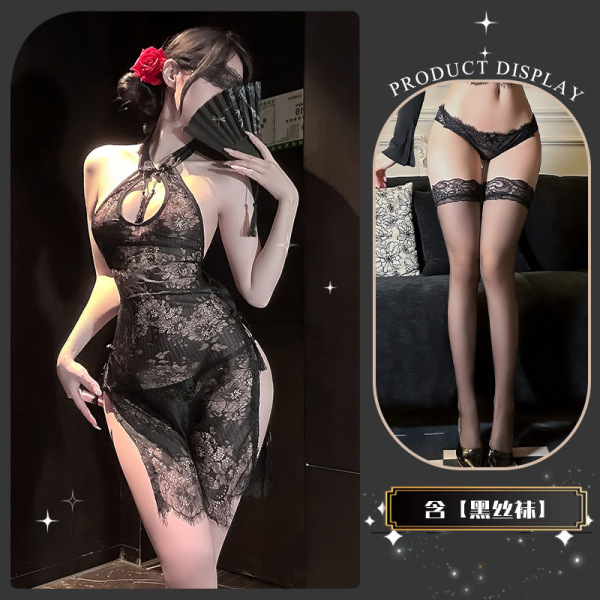 Golden Night Lace Temptation Lingerie - Elegant Split Qipao Style Seductive Underwear for Women - Wanwan Zhishang* Black + Black Stockings