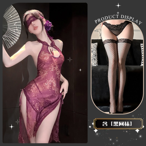 Golden Night Lace Temptation Lingerie - Elegant Split Qipao Style Seductive Underwear for Women - Wanwan's Garment* Purple + Black Fishnet Stockings