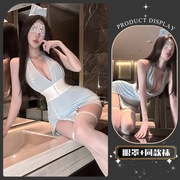 Golden Night Nurse Lingerie Set - Seductive Pure-Delight Cosplay Underwear, Luxury Temptation & Aesthetic Restraint Styl - Warm Hibiscus Protection Blue + Matching Socks + Eye Mask