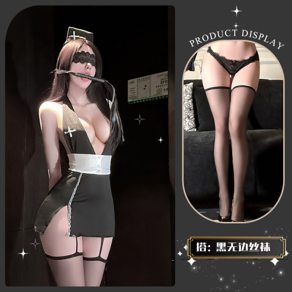 Golden Night Nurse Lingerie Set - Seductive Pure-Delight Cosplay Underwear, Luxury Temptation & Aesthetic Restraint Styl - Warm and warm hibiscus* black + black boundless stockings