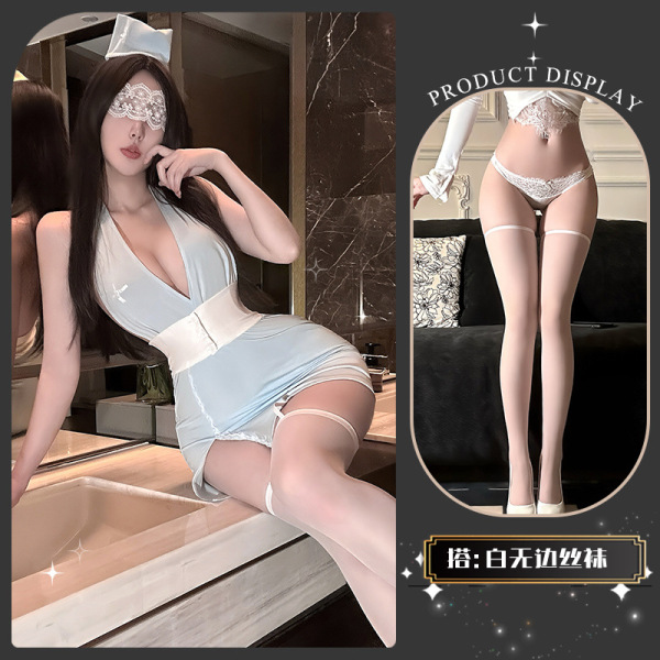 Golden Night Nurse Lingerie Set - Seductive Pure-Delight Cosplay Underwear, Luxury Temptation & Aesthetic Restraint Styl - Warm Hibiscus Protection * Blue + White Boundless Socks
