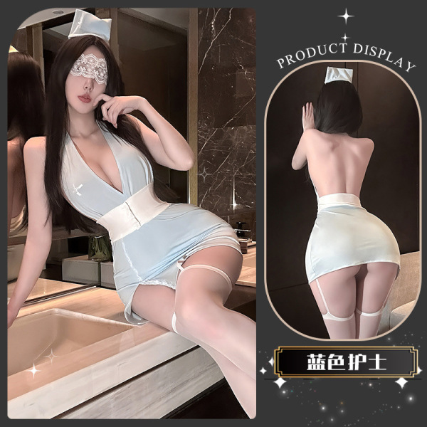 Golden Night Nurse Lingerie Set - Seductive Pure-Delight Cosplay Underwear, Luxury Temptation & Aesthetic Restraint Styl - Warm and Blue Hibiscus Protector [Bodysuit + T-shirt + Hat + Hair Clip *2]