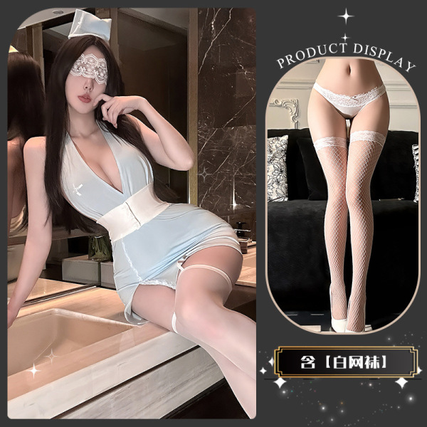Golden Night Nurse Lingerie Set - Seductive Pure-Delight Cosplay Underwear, Luxury Temptation & Aesthetic Restraint Styl - Warm Hibiscus Protection * Blue + White Fishnet Stockings