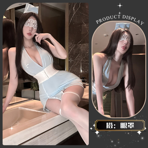 Golden Night Nurse Lingerie Set - Seductive Pure-Delight Cosplay Underwear, Luxury Temptation & Aesthetic Restraint Styl - Warm Hibiscus Protection Blue + Eye Mask