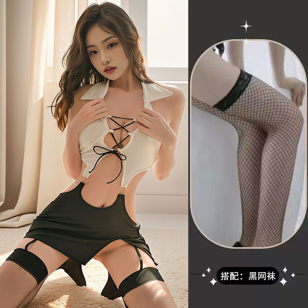 Sexy Secretary Pencil Skirt Lingerie - Role Play Office Costume, Seductive No-Remove Uniform Dress for Adults - White and black fishnet stockings