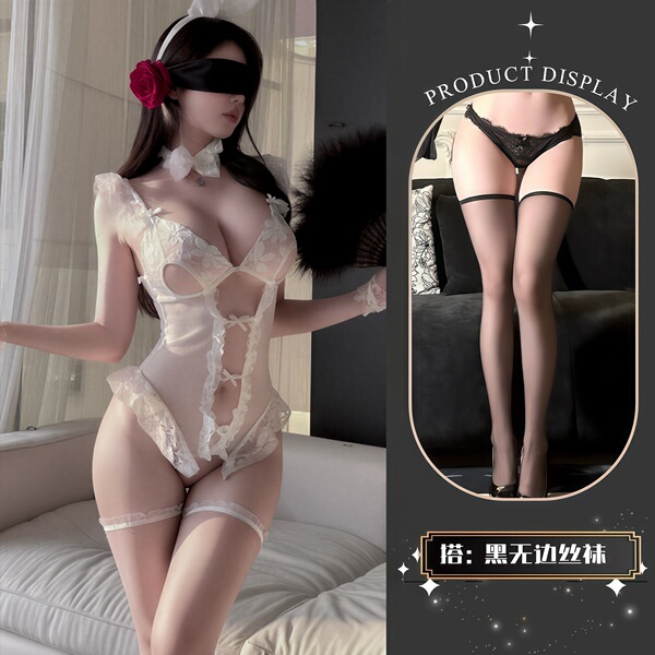 QQNY Pure Allure Sleepwear Set - Elegant Sensual Lingerie for Women, Luxury Bedroom Loungewear - White + Black Boundless Stockings