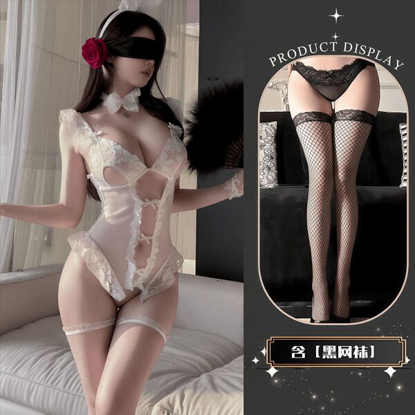 QQNY Pure Allure Sleepwear Set - Elegant Sensual Lingerie for Women, Luxury Bedroom Loungewear - White and black fishnet stockings