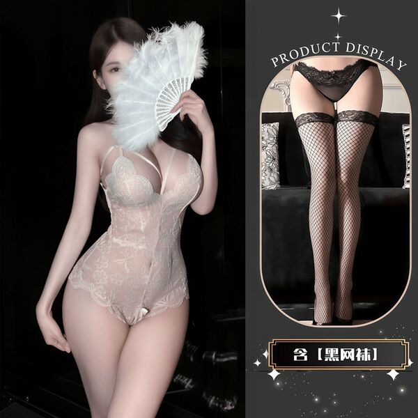 QQNY Pure Allure Lace Sleepwear Set – Elegant Sensual Women's Intimate Nightwear, Premium Soft Fabric - White and black fishnet stockings
