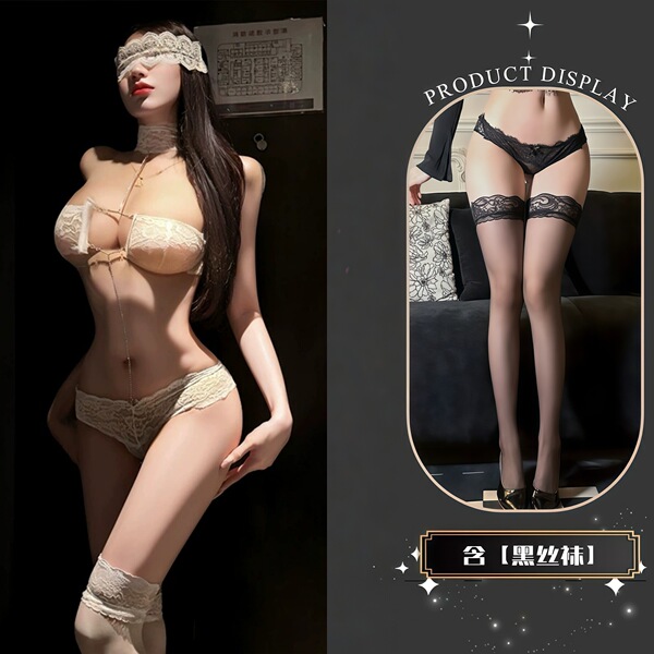 QQNY Pure Allure Sleepwear Set – Luxury Sensual Lingerie for Women, Soft Satin Bedroom Outfit - White + black stockings