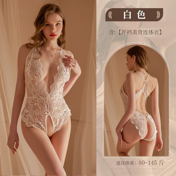 Lace Seductive Bodysuit for Women - Backless Open-Crotch Erotic Lingerie, Sexy European Style - White bodysuit + white open-crotch stockings