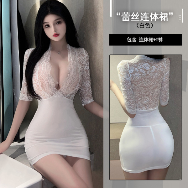 Pure & Tempting Women's Deep V-Neck Sheer Secretary Outfit - Sexy Plus Size Bodycon Dress - White pencil skirt