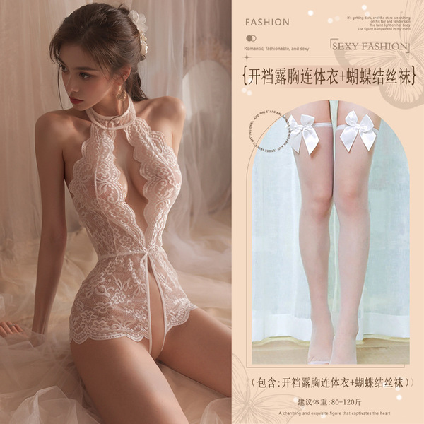 Red New Year Lingerie Set - Seductive Open-Crotch Lace Bodysuit & Passionate Costume Outfit - White (open-crotch bodysuit with exposed chest + bow-tie stockings)