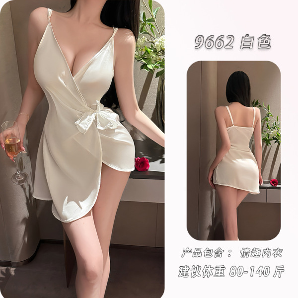 Feiniao Moonlit Lingerie Set - Sensual Waist-Cinching Sheer Deep V-Neck Tie-Detail Sleep Dress - White slip dress
